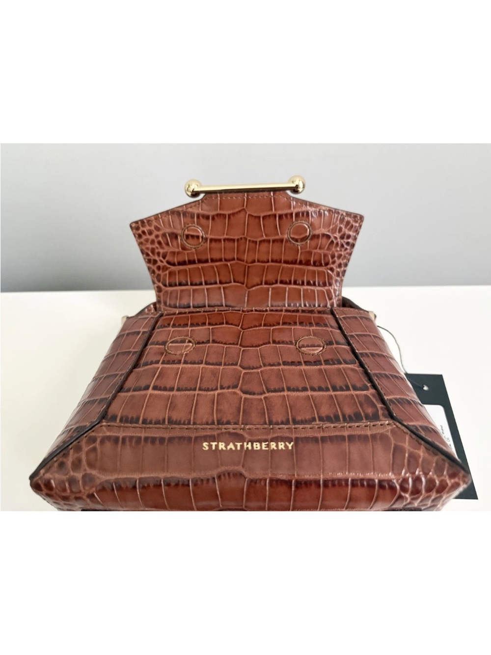 NEW Strathberry Mosaic Nano Brown Croc Embossed Leather Top Handle Crossbody Bag - Picture 10 of 16